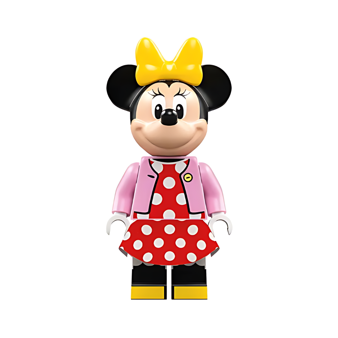 dis089: Minnie Mouse - Bright Pink Jacket, Red Polka Dot Dress, Yellow Bow - Bricks and Minifigs Sioux Falls